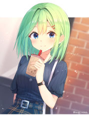 Rule 34 | 1girl, bag, belt, blue eyes, blurry, blurry background, blush, brick wall, casual, collarbone, comiket 98, commentary request, cup, day, depth of field, drinking straw, dutch angle, green hair, hair ornament, hairclip, hand up, holding, jewelry, looking at viewer, medium hair, necklace, original, outdoors, plaid, plaid belt, plaid skirt, pleated skirt, ribbed shirt, shirai tanuki, shirt, shoulder bag, skirt, smile, solo, split mouth, sunlight, takeda emi, twitter username, upper body, watch, wristwatch