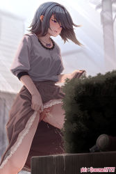 Rule 34 | 1girl, artist name, backlighting, bar censor, black hair, blurry, blurry background, blurry foreground, blush, brown skirt, bush, can, censored, clitoral hood, closed mouth, clothes lift, clothing aside, collarbone, day, drink can, embarrassed, female focus, frilled skirt, frills, grey shirt, half-closed eyes, hand up, highres, jewelry, kokomachi, lifted by self, light blush, light rays, looking down, necklace, original, outdoors, panties, panties aside, pee, peeing, pink panties, pixiv username, purple eyes, pussy, shirt, shirt tucked in, short hair, sidelocks, skirt, skirt lift, soda can, solo, sunlight, sweat, swept bangs, underwear, utility pole, watermark