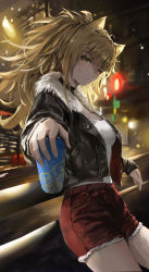 Rule 34 | 1girl, absurdres, animal ears, arknights, black jacket, blonde hair, breasts, closed mouth, cup, from side, fur-trimmed jacket, fur trim, highres, holding, holding cup, jacket, lion ears, long hair, long sleeves, looking at viewer, looking to the side, open clothes, open jacket, outdoors, red shorts, shirt, short shorts, shorts, siege (arknights), sishima, solo, white shirt, yellow eyes