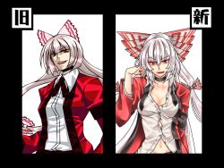 Rule 34 | 1girl, alternate costume, bow, breasts, choker, cleavage, cosplay, discharge cycle, female focus, formal, fujiwara no mokou, hair bow, hair ribbon, long hair, midriff, navel, red eyes, ribbon, rugal bernstein, rugal bernstein (cosplay), silver hair, smile, snk, solo, the king of fighters, tobi (discharge cycle), touhou, untied