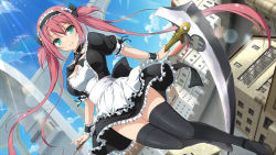 Rule 34 | 1girl, airi (queen&#039;s blade), airi (the infernal temptress), apron, black bow, black dress, black footwear, black ribbon, black thighhighs, blue eyes, blue sky, bow, bowtie, breasts, building, cleavage, cleavage cutout, closed mouth, clothing cutout, collar, crossover, day, dress, floating, frilled dress, frilled sleeves, frills, hair bow, hair ribbon, holding, holding weapon, long hair, looking at viewer, maid, maid apron, maid headdress, medium breasts, official art, outdoors, pleated dress, puffy short sleeves, puffy sleeves, queen&#039;s blade, red hair, ribbon, sash, scythe, senran kagura, senran kagura new link, short dress, short sleeves, sidelocks, sky, smile, solo, thighhighs, twintails, two side up, underwear, very long hair, waist apron, weapon, white apron, white sash, wind, wrist cuffs, yaegashi nan
