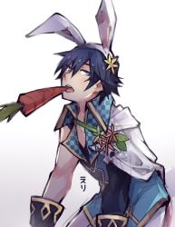 Rule 34 | 1boy, animal ears, blue eyes, blue hair, carrot, chrom (fire emblem), chrom (spring) (fire emblem), eri (erikiri), fire emblem, fire emblem awakening, fire emblem heroes, food, gloves, highres, looking at viewer, male focus, nintendo, open mouth, rabbit ears, sexually suggestive, short hair, solo