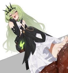Rule 34 | 1girl, bare shoulders, barefoot, black gloves, blush, breasts, commentary request, crown, dress, elbow gloves, feet, flasso, foot focus, forked tongue, frilled dress, frills, gloves, green eyes, green hair, hair ornament, highres, honkai (series), honkai impact 3rd, long hair, looking at viewer, mobius (honkai impact), octopus, saliva, simple background, single sleeve, sitting, small breasts, smile, solo, sweatdrop, tentacles, toenails, toes, tongue, tongue out, white background