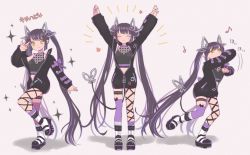 Rule 34 | 1girl, arms up, black footwear, black hair, black jacket, black ribbon, black shirt, blouse, blunt bangs, blush, boots, breasts, cleavage, closed eyes, closed mouth, commentary request, crop top, cross-laced clothes, cross-laced sleeves, demon girl, demon horns, demon tail, full body, heart, heart print, horns, jacket, jewelry, kojo anna, kojo anna (1st costume), kuzuhana, leg ribbon, long hair, long sleeves, looking at viewer, medium breasts, midriff, multicolored footwear, multicolored hair, musical note, nanashi inc., off shoulder, open clothes, open jacket, partially unzipped, pointy ears, print shirt, purple footwear, purple hair, purple thighhighs, ribbon, ring, russian text, see-through, see-through cleavage, see-through shirt, shirt, simple background, single thighhigh, sleeveless, sleeveless shirt, smile, sparkle, standing, standing on one leg, sugar lyric, tail, thigh strap, thighhighs, twintails, two-tone hair, virtual youtuber, white background, white footwear, yellow eyes, zipper