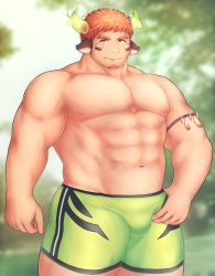 Rule 34 | 1boy, abs, animal ears, bara, brown eyes, brown hair, bulge, cow boy, cow ears, cow horns, dark-skinned male, dark skin, facial hair, feet out of frame, fiery horns, forked eyebrows, glowing horns, goatee, green shorts, hand on own hip, highres, horns, large pectorals, male focus, mono (3436234), muscular, muscular male, navel, nipples, pectorals, short hair, shorts, solo, spiked hair, stomach, thick eyebrows, thick thighs, thighs, tokyo houkago summoners, wakan tanka