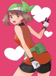 Rule 34 | 1girl, :d, bad id, bad twitter id, bandana, bike shorts, brown eyes, brown hair, commentary request, creatures (company), dress, eyelashes, fanny pack, game freak, gloves, green bag, green bandana, heart, highres, holding, holding poke ball, looking back, may (pokemon), medium hair, nintendo, open mouth, orange dress, pink background, poke ball, poke ball (basic), pokemon, pokemon emerald, pokemon rse, ririmon, smile, solo, tongue, w, white gloves