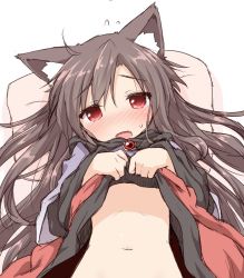 Rule 34 | 1girl, animal ears, blush, brown hair, clothes lift, commentary request, dress, dress lift, fangs, flat chest, flying sweatdrops, imaizumi kagerou, lifting own clothes, long hair, long sleeves, natsu no koucha, navel, open mouth, red eyes, sketch, solo, touhou, wolf ears