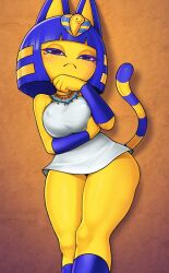 Rule 34 | 1girl, animal crossing, animal ears, ankha (animal crossing), arm under breasts, bare shoulders, blue eyes, blue hair, blunt bangs, blush, bracer, breasts, cat ears, cat girl, cat tail, closed mouth, covered erect nipples, dress, egyptian, egyptian clothes, eyeliner, feet out of frame, female focus, furry, furry female, hair ornament, half-closed eyes, hand on own chin, highres, large breasts, loodncrood, makeup, nintendo, short hair, snake hair ornament, solo, standing, striped tail, tail, tail raised, thighs, white dress