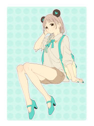 Rule 34 | 16 ban, 1girl, alternate hairstyle, aqua footwear, aqua hair, aqua nails, aqua ribbon, arm at side, arm support, backpack, bag, bow, braid, braided ponytail, brown shorts, casual, collared shirt, full body, gradient hair, grey hair, grey shirt, hair bow, hair ornament, hair over shoulder, hand up, heart, high heels, hunter x hunter, invisible chair, long hair, looking at viewer, mary janes, multicolored hair, nail polish, neck ribbon, outline, ribbon, sheila (hunter x hunter), shirt, shoes, shorts, single braid, sitting, sleeves past elbows, solo, streaked hair, white outline