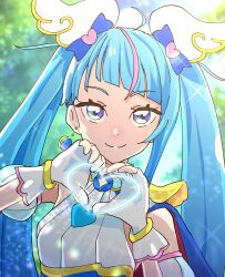 Rule 34 | 1girl, ahoge, blue cape, blue eyes, blue hair, cape, closed mouth, cure sky, cut bangs, day, detached sleeves, dress, earrings, fingerless gloves, gloves, heart, heart hands, highres, hirogaru sky! precure, jewelry, light trail, long hair, looking at viewer, magical girl, multicolored hair, outdoors, pink hair, precure, puffy detached sleeves, puffy sleeves, sasaba enu, single sidelock, sleeveless, sleeveless dress, smile, solo, sora harewataru, sparkle, streaked hair, twintails, two-sided cape, two-sided fabric, upper body, white gloves, wing hair ornament