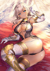 Rule 34 | 1girl, ahoge, armor, armored boots, ass, bare shoulders, blue eyes, blush, boots, breasts, cleavage, commentary request, covered erect nipples, dark-skinned female, dark elf, dark skin, earrings, elbow gloves, elf, floral print, garter straps, gloves, highres, hoop earrings, jewelry, large breasts, long hair, looking at viewer, lying, matsumoto mitsuaki, on side, original, pointy ears, shiny skin, short hair, simple background, smile, solo, thighhighs, thighs, vambraces, white gloves, white thighhighs