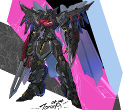 Rule 34 | absurdres, arm shield, arms at sides, artist name, black knight squad shi-ve.a, commentary request, dated, full body, green eyes, gundam, gundam seed, gundam seed freedom, highres, holding, holding sword, holding weapon, legs apart, mecha, mecha focus, mobile suit, niao san shi, no humans, redesign, robot, science fiction, solo, standing, sword, weapon