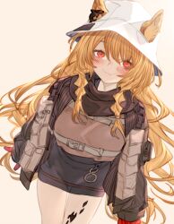 Rule 34 | 1girl, animal ear fluff, animal ears, arknights, black jacket, black skirt, blush, braid, breasts, brown background, brown hair, brown shirt, ceobe (arknights), closed mouth, commentary request, dog ears, ears through headwear, fang, fang out, gloves, hair between eyes, highres, jacket, kochiya (gothope), long hair, long sleeves, looking at viewer, material growth, medium breasts, open clothes, open jacket, oripathy lesion (arknights), red eyes, red gloves, shirt, simple background, skirt, sleeves past wrists, solo, standing, twin braids, very long hair, white headwear