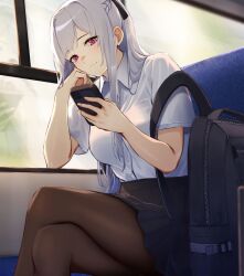 Rule 34 | 1girl, 3 small spiders, ak-12 (girls&#039; frontline), alternate costume, arm rest, artificial eye, backpack, bag, braid, crossed legs, french braid, girls&#039; frontline, grey hair, hand on own cheek, hand on own face, head on hand, head rest, holding, holding phone, light smile, long hair, mechanical eye, pantyhose, phone, ponytail, school uniform, shirt, sitting, solo, white shirt