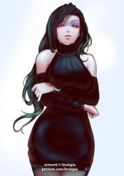 Rule 34 | 1girl, bare shoulders, black dress, breasts, commentary, cowboy shot, crossed arms, detached sleeves, dress, english commentary, eyeshadow, green hair, highres, large breasts, lips, long hair, looking at viewer, makeup, original, pink eyes, pink lips, pinup (style), ribbed dress, see-through, see-through legwear, snortzog, solo, sweater, sweater dress, turtleneck, turtleneck dress, vanessa (litchipix), watermark, white background