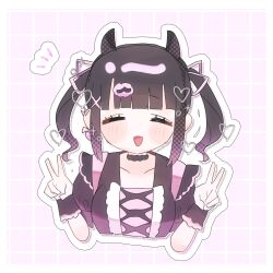 Rule 34 | 1girl, :d, black choker, black dress, black hair, blunt bangs, blush, choker, closed eyes, cropped torso, demon horns, denonbu, double v, dress, earrings, facing viewer, hair ornament, hair ribbon, hands up, heart, heart earrings, highres, horns, jewelry, long hair, looking at viewer, notice lines, ojii-san no oden, open mouth, outline, pink background, pink ribbon, puffy short sleeves, puffy sleeves, reml, ribbon, short sleeves, smile, solo, twintails, upper body, v, white outline, wrist cuffs, x hair ornament