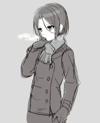 Rule 34 | 1girl, absurdres, bad id, bad pixiv id, breath, closed mouth, coat, fringe trim, gloves, greyscale, hair between eyes, hand on own hip, hand up, highres, ichiren namiro, jun (princess connect!), jun (real) (princess connect!), long sleeves, looking away, monochrome, parted bangs, princess connect!, scarf, sketch, solo
