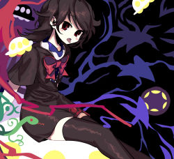 Rule 34 | 1girl, asymmetrical wings, black dress, black hair, black thighhighs, blue wings, blush, bow, bowtie, buttons, center frills, commentary request, dress, feet out of frame, flat chest, frills, highres, houjuu nue, ichirugi, looking at viewer, open mouth, red bow, red bowtie, red eyes, red wings, short dress, short hair, short sleeves, snake, solo, thighhighs, tomoe (symbol), tongue, tongue out, touhou, ufo, wings