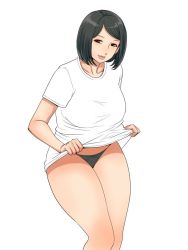 Rule 34 | 1girl, black hair, breasts, brown eyes, clothes lift, large breasts, looking at viewer, matoyama, panties, shirt, shirt lift, short hair, smile, solo, underwear, white background