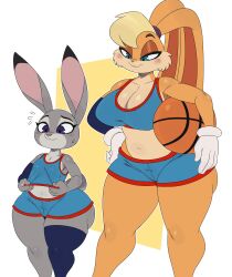 Rule 34 | 2girls, absurdres, animal ears, ass, basketball, basketball uniform, blonde hair, blue eyes, breasts, buck teeth, curvy, eric lowery, furry, furry female, gloves, hand on own hip, highres, judy hopps, large breasts, lola bunny, looking at another, looney tunes, multiple girls, navel, no humans, rabbit ears, rabbit tail, short shorts, shorts, shortstack, size difference, smile, space jam, space jam: a new legacy, sportswear, tail, teeth, white gloves, wide hips, zootopia