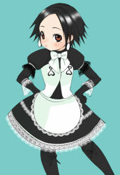 Rule 34 | 1girl, apron, armband, black gloves, black hair, black pantyhose, blush, boots, bow, bowtie, capcom, dress, earrings, elbow gloves, embarrassed, flat chest, gloves, goth fashion, gothic lolita, hands on own hips, helper (armor), inuburo, jewelry, knee boots, lace, lolita fashion, looking at viewer, maid, maid apron, mole, mole under eye, monster hunter (series), pantyhose, private (armor), red eyes, short hair, simple background, solo, standing, waist apron