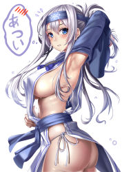 Rule 34 | 10s, ainu clothes, armpits, ass, bandana, blue eyes, blush, breasts, covered erect nipples, g-string, hasaya, highres, kamoi (kancolle), kantai collection, large breasts, long hair, looking at viewer, panties, parted lips, side-tie panties, silver hair, simple background, sweat, thong, underwear, white background