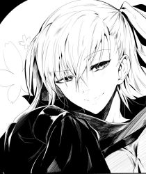 Rule 34 | 10s, 1girl, commentary request, fate/extra, fate/extra ccc, fate/grand order, fate (series), flower, greyscale, hair between eyes, looking at viewer, meltryllis (fate), monochrome, side ponytail, sketch, smile, solo, torichamaru, upper body