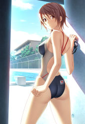 Rule 34 | 00s, 1girl, 2005, ass, blue sky, brown eyes, brown hair, building, chain-link fence, cloud, competition swimsuit, day, fence, flag, goggles, highleg, highleg swimsuit, highres, japanese flag, kuri (kurigohan), looking back, one-piece swimsuit, original, pool, short hair, sky, solo, sunlight, swimsuit, tree