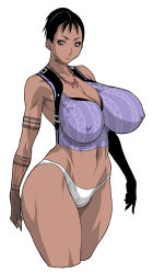 Rule 34 | 1girl, abs, breasts, cleavage, covered erect nipples, dark-skinned female, dark skin, huge breasts, koutarou, koutarou (girl power), lowres, muscular, panties, resident evil, resident evil 5, sagging breasts, sheva alomar, simple background, solo, thick thighs, thighs, underwear
