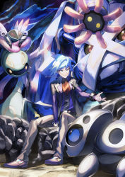 Rule 34 | 1boy, anorith, aron, belt, belt buckle, blue eyes, blue hair, buckle, closed mouth, commentary request, cradily, creatures (company), game freak, gen 3 pokemon, highres, jacket, lileep, long sleeves, looking to the side, male focus, metagross, nintendo, open clothes, open jacket, pants, pokemon, pokemon (creature), pokemon oras, rock, shoes, short hair, sitting, smile, spiked hair, steven stone, yamanashi taiki