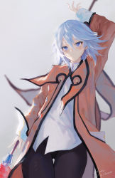 Rule 34 | 1girl, arm up, black pants, blue eyes, blue hair, blurry, blurry background, blush, brown coat, closed mouth, coat, commentary request, commission, cowboy shot, depth of field, gluteal fold, grey background, hair between eyes, highres, holding, holding staff, kisei2, light smile, long hair, long sleeves, looking at viewer, open clothes, open coat, pants, pixiv commission, raine sage, shirt, simple background, sleeves past wrists, solo, staff, tales of (series), tales of symphonia, thigh gap, white shirt