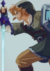 Rule 34 | 1boy, armor, belt, belt buckle, blonde hair, boots, brown belt, brown footwear, brown pants, buckle, chainmail, collared shirt, cowboy shot, earrings, fingerless gloves, gloves, green headwear, green tunic, grey background, highres, holding, holding shield, holding sword, holding weapon, hylian shield, injury, jewelry, link, long sleeves, looking to the side, male focus, nintendo, pants, pisu 1107, pointy ears, profile, shield, shirt, short hair, sidelocks, solo, sweat, sword, the legend of zelda, the legend of zelda: skyward sword, weapon, white shirt