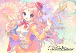 Rule 34 | 10s, 1girl, 2011, :d, atelier (series), atelier meruru, bird, bird on hand, blue eyes, blush, bow, breasts, capelet, cleavage, cockatiel, colorful, copyright name, crown, female focus, gust, half updo, long hair, medium breasts, merurulince rede arls, mini crown, open mouth, parakeet, parrot, pink hair, red bow, santa matsuri, skirt, smile, solo, yellow skirt