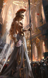 Rule 34 | 1girl, armor, artist name, asymmetrical armor, blonde hair, bouquet, breasts, broken halo, closed eyes, crowd, dress, flower, from side, gauntlets, ghostblade, halo, helmet, highres, holding, holding bouquet, holding polearm, holding weapon, indoors, long hair, plume, polearm, ponytail, red lips, sarlia (ghostblade), single bare shoulder, small breasts, solo focus, veil, watermark, weapon, web address, wlop
