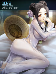 Rule 34 | 1girl, bed, bed sheet, beta (muv-luv), black hair, braid, braided bun, breasts, brown eyes, character name, chinese clothes, dated, floral print, flower, hair bun, hair flower, hair ornament, hand on own chin, hat, indoors, large breasts, long sleeves, looking away, muv-luv, muv-luv alternative, no bra, official art, open mouth, pants, pham thi ran, schwarzesmarken, shoes, short hair, smile, soyosoyo, straw hat, text focus, vietnamese dress, white pants, wooden floor