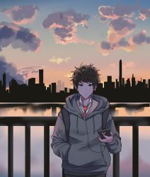 Rule 34 | 1boy, black eyes, brown hair, cellphone, city, cityscape, closed mouth, cloud, cloudy sky, earbuds, earphones, grey hoodie, hand in pocket, highres, holding, holding phone, hood, hood down, hoodie, looking at viewer, male focus, mashilemo, necktie, original, outdoors, phone, railing, red necktie, reflection, silhouette, sky, solo, water