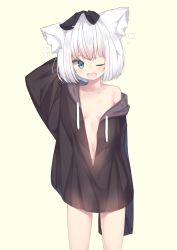 Rule 34 | 1girl, absurdres, animal ears, arm behind head, bare legs, black hoodie, blue eyes, bow, breasts, commentary request, d;, fang, hair bow, highres, hood, hoodie, long sleeves, memekko, naked hoodie, navel, one eye closed, open clothes, open mouth, original, oversized clothes, short hair, sleeves past wrists, small breasts, solo, tears, waking up, white hair