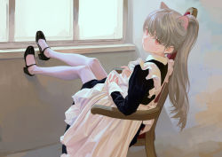 Rule 34 | 1girl, animal ears, apron, black dress, black footwear, closed mouth, dress, extra ears, fkey, full body, grey hair, indoors, legs up, long hair, long sleeves, looking at viewer, maid apron, original, pantyhose, pink eyes, ponytail, shoes, solo, white apron, white pantyhose, window