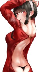 Rule 34 | 1girl, absurdres, arms up, back, back focus, backless outfit, black hair, black panties, breasts, breath, dress, earrings, from behind, gold earrings, hairband, highres, jewelry, lds (dstwins97), long hair, looking at viewer, looking back, medium breasts, panties, parted lips, red eyes, short hair with long locks, sidelocks, simple background, solo, spy x family, sweater, sweater dress, underwear, white background, white hairband, yor briar