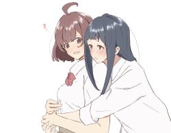 Rule 34 | ?, ahoge, atenaba, black hair, bow, bowtie, brown eyes, brown hair, collared shirt, commentary request, hug, hug from behind, kasukabe haru, long hair, long sleeves, mole, mole under eye, open mouth, parted lips, red bow, red bowtie, school uniform, shirt, simple background, smile, tendouji musubi, tokyo 7th sisters, upper body, white background, white shirt