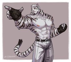 Rule 34 | 1boy, 7th art forge, abs, absurdres, animal ears, arknights, bandaged hand, bandages, bara, belt, black bandages, black belt, claws, clenched hand, commentary, english commentary, facial scar, furry, furry male, highres, male focus, mountain (arknights), multiple scars, muscular, muscular male, pants, pectorals, scar, scar across eye, scar on arm, scar on cheek, scar on chest, scar on face, scar on stomach, scar on tail, tail, tiger boy, tiger ears, tiger stripes, tiger tail, topless male, twitter username, white pants