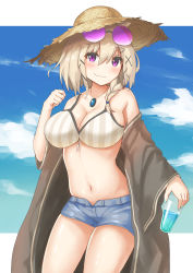 Rule 34 | 1girl, aqua nails, arknights, bare shoulders, bikini, blue sky, braid, breasts, cleavage, cloud, commentary, cowboy shot, cup, day, eyewear on head, grey bikini, hair between eyes, hand up, hat, highres, holding, holding cup, large breasts, looking at viewer, nail polish, off shoulder, official alternate costume, outdoors, purple eyes, short hair, short shorts, shorts, side braid, silver hair, single braid, sky, smile, solo, standing, striped bikini, striped clothes, sun hat, sunglasses, swimsuit, swimsuit cover-up, thighs, utage (arknights), utage (summer flowers) (arknights), vertical-striped bikini, vertical-striped clothes, yuetsu
