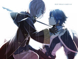 Rule 34 | 1boy, 1girl, arm support, arm up, black gloves, blue hair, earrings, eye contact, fire emblem, fire emblem awakening, gloves, hair between eyes, hand on another&#039;s neck, hanokage, hood, hooded jacket, inigo (fire emblem), jacket, jewelry, light purple hair, long sleeves, looking at another, morgan (female) (fire emblem), morgan (fire emblem), nintendo, pants, profile, rain, serious, shaded face, shield, short hair, sideways mouth, single earring, sitting, sitting on person, spoilers, translation request, wavy hair, weapon, white background