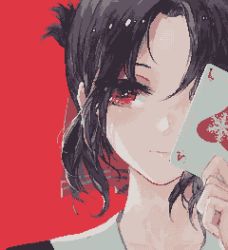 Rule 34 | 1girl, ace (playing card), ace of hearts, bad id, bad pixiv id, black hair, blush, bow, card, closed mouth, covering one eye, expressionless, folded ponytail, hair bow, heart, highres, holding, holding card, kaguya-sama wa kokurasetai ~tensai-tachi no renai zunousen~, kisei2, looking at viewer, parted bangs, pixel art, playing card, portrait, red bow, red eyes, shinomiya kaguya, solo