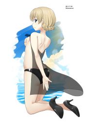 Rule 34 | 10s, 1girl, ass, back, bikini, black bikini, black footwear, blonde hair, blue eyes, braid, breasts, closed mouth, cloud, cloudy sky, commentary request, covering privates, covering ass, covering breasts, darjeeling (girls und panzer), dated, day, from behind, full body, girls und panzer, high heels, highres, kneeling, lens flare, light smile, lingerie, looking at viewer, looking back, medium breasts, negligee, o-ring, o-ring bikini, ocean, one-hour drawing challenge, see-through, shiina excel, short hair, sideboob, skindentation, sky, solo, swimsuit, thighs, twin braids, twitter username, underwear