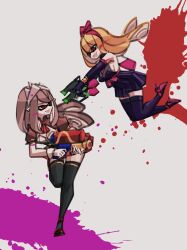 Rule 34 | 2girls, ascot, black thighhighs, blonde hair, bow, bow hairband, breasts, brown hair, brown sleeves, cleavage, commentary, domino mask, dress, elbow gloves, eyebrows hidden by hair, fighting, floating hair, full body, gloves, grey background, hair ornament, hairband, high heels, ink tank (splatoon), inkling, inkling girl, inkling player character, leaning forward, leaning to the side, long hair, looking at another, lucia (phantom rose), makaroll, mask, medium breasts, multiple girls, nintendo, paint splatter, phantom rose, pink bow, pink footwear, pointy ears, purple dress, purple gloves, purple thighhighs, red ascot, red footwear, red hairband, red skirt, reina (phantom rose), running, short sleeves, shrug (clothing), skirt, sleeveless, sleeveless dress, small breasts, splatoon (series), standing, standing on one leg, strappy heels, super soaker, swept bangs, tentacle hair, thighhighs, very long hair, waist bow, white gloves, zettai ryouiki