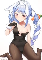 Rule 34 | 1girl, absurdres, animal ears, bare shoulders, black gloves, black leotard, blue hair, bow, braid, breasts, brown pantyhose, carrot hair ornament, collarbone, commentary request, dated, food-themed hair ornament, fur-trimmed gloves, fur trim, gloves, hair bow, hair ornament, hand up, highres, hirota fruit, hololive, leotard, multicolored hair, no shoes, pantyhose, parted lips, playboy bunny, rabbit ears, red eyes, short eyebrows, sitting, small breasts, solo, strapless, strapless leotard, thick eyebrows, twin braids, twintails, twitter username, two-tone hair, usada pekora, usada pekora (1st costume), virtual youtuber, wariza, white background, white bow, white hair