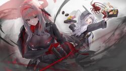 Rule 34 | 2girls, absurdres, amejaga, armored bodysuit, black bodysuit, blush, bodysuit, breasts, cleavage, commentary request, cowboy shot, expressionless, food, gloves, goddess of victory: nikke, grey hair, highres, holding, large breasts, lobster, long hair, multiple girls, open mouth, outstretched arm, parted lips, red eyes, scarlet (black shadow) (nikke), shrimp, snow white (innocent days) (nikke), snow white (nikke), standing, sushi, sword, visor lift, weapon, white hair, yellow eyes
