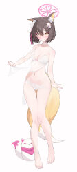 Rule 34 | 1girl, absurdres, animal ear fluff, animal ears, bare arms, bare legs, bare shoulders, barefoot, blue archive, blush, bra, brown hair, clothes lift, colored inner animal ears, fox ears, fox girl, fox mask, fox tail, full body, hair between eyes, halo, highres, izuna (blue archive), looking at viewer, mask, munseonghwa, navel, panties, pink halo, rope, shimenawa, short hair, solo, standing, stomach, tail, underwear, white bra, white panties, yellow eyes
