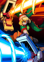 Rule 34 | 1girl, @ @, arms (game), beanie, blonde hair, blue background, blunt bangs, blush stickers, chinese clothes, commentary, commentary request, crop top, dragon (arms), english commentary, eyebrows visible through mask, food, gradient background, green eyes, green shirt, hat, highres, kamaboko, knit hat, laser, layered clothes, min min (arms), multicolored clothes, multicolored hat, narutomaki, nintendo, open mouth, orange hat, orange shorts, pantyhose, pantyhose under shorts, print headwear, red background, ryuusei (mark ii), shirt, short eyebrows, shorts, signature, solo, super smash bros., thick eyebrows, two-tone background, v-shaped eyebrows